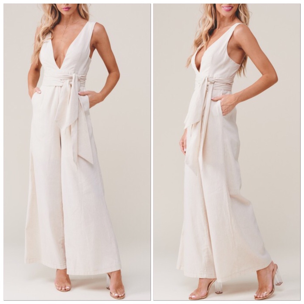 🆕Beige Linen Wide-leg Pants Jumpsuit Romper Deep V-neck & Attached Obi Belt Tan